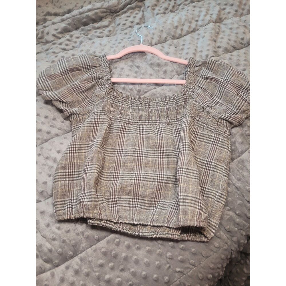 Plaid Puff Sleeve Crop Top Preppy Coquette Light Academia